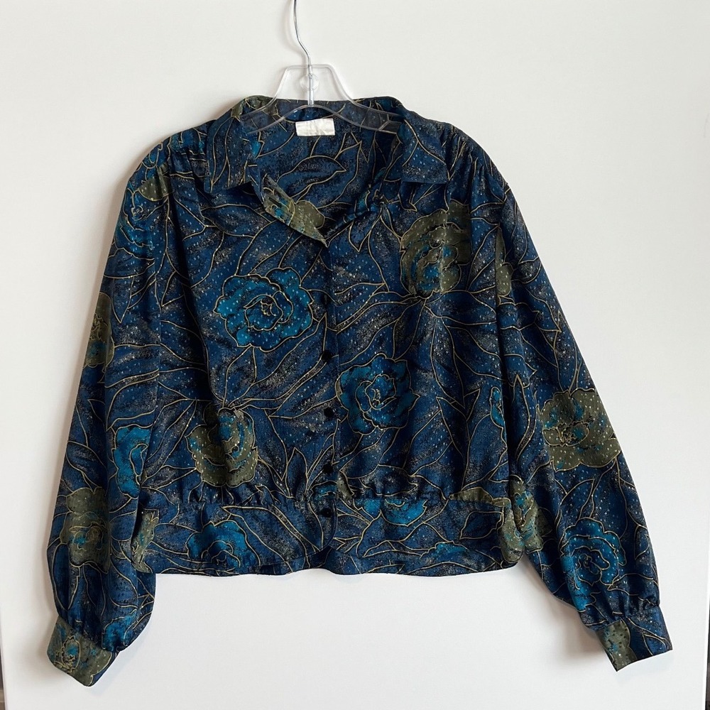 Vintage Sommermann West Germany Floral Blouse Blue Gold Metallic Button Up